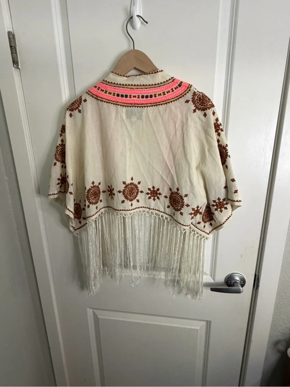 Cleobella Cream Kimono Cover with Brown Embroidery and Pink Trim